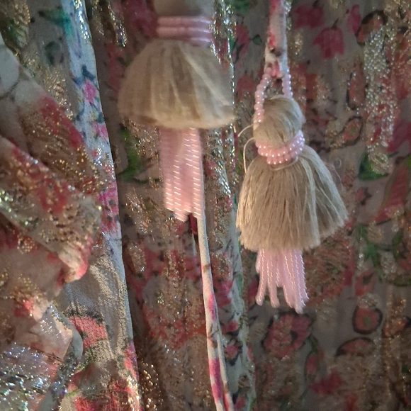 HEMANT & NANDITA Cream Floral Maxi Dress with Pink and Green Detail - Picture 6 of 8